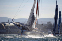 The MOD70 Trimarans inshore race to day Sunday in Scotsmans bay Dun Laoghaire (Fonica sceen here tailing the field) © Michael Chester National Yacht Club - No reproduction fee