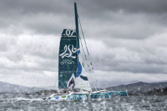 The Sultanate of Oman’s MOD70 Musandam -Oman Sail trimaran skippered by Sidney Gavignet (FRA). Shown here as the team cross the line and set a new world record for sailing round Ireland in 40h51m57s (unofficial - official to follow)
Credit - Lloyd Images