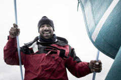 The Sultanate of Oman’s MOD70 Musandam -Oman Sail trimaran skippered by Sidney Gavignet (FRA). Shown here as the team cross the line and set a new world record for sailing round Ireland in 40h51m57s (unofficial - official to follow)
Credit - Lloyd Images