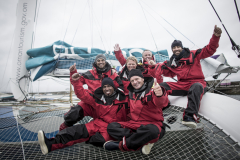 The Sultanate of Oman’s MOD70 Musandam -Oman Sail trimaran skippered by Sidney Gavignet (FRA). Shown here as the team cross the line and set a new world record for sailing round Ireland in 40h51m57s (unofficial - official to follow)
Credit - Lloyd Images