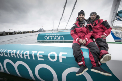 The Sultanate of Oman’s MOD70 Musandam -Oman Sail trimaran skippered by Sidney Gavignet (FRA). Shown here as the team cross the line and set a new world record for sailing round Ireland in 40h51m57s (unofficial - official to follow)
Credit - Lloyd Images