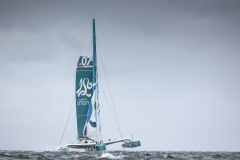 The Sultanate of Oman’s MOD70 Musandam -Oman Sail trimaran skippered by Sidney Gavignet (FRA). Shown here as the team cross the line and set a new world record for sailing round Ireland in 40h51m57s (unofficial - official to follow)
Credit - Lloyd Images