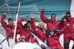 The Sultanate of Oman’s MOD70 Musandam -Oman Sail trimaran skippered by Sidney Gavignet (FRA). Shown here as the team cross the line and set a new world record for sailing round Ireland in 40h51m57s (unofficial - official to follow)
Credit - Lloyd Images