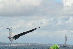 Spindrift winner of the Lisbon to Dun Laoghaire leg crashes out of the La Route des Princes in Dublin bay in style as she capsizes ! © Michael Chester