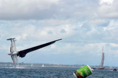 Spindrift winner of the Lisbon to Dun Laoghaire leg crashes out of the La Route des Princes in Dublin bay in style as she capsizes ! © Michael Chester