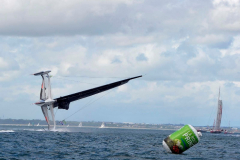 Spindrift winner of the Lisbon to Dun Laoghaire leg crashes out of the La Route des Princes in Dublin bay in style as she capsizes ! © Michael Chester