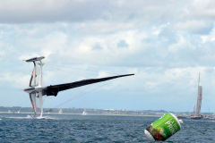 Spindrift winner of the Lisbon to Dun Laoghaire leg crashes out of the La Route des Princes in Dublin bay in style as she capsizes ! © Michael Chester