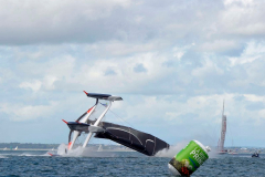 Spindrift winner of the Lisbon to Dun Laoghaire leg crashes out of the La Route des Princes in Dublin bay in style as she capsizes ! © Michael Chester