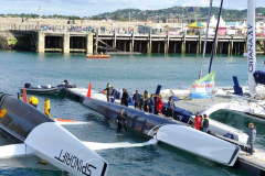 Spindrift winner of the Lisbon to Dun Laoghaire leg crashed out of the La Route des Princes in Dublin bay in style as she capsizes ! Saturday 22nd June 2013 here she is in Dun Laoghaire Harbour ~ injured party was Jacques Guichardis airlifted to Tallaght Hospital © Michael Chester