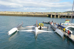 Spindrift winner of the Lisbon to Dun Laoghaire leg crashed out of the La Route des Princes in Dublin bay in style as she capsizes ! Saturday 22nd June 2013 he she is in Dun Laoghaire Harbour ~ injured party was Jacques Guichardis airlifted to Tallaght Hospital © Michael Chester